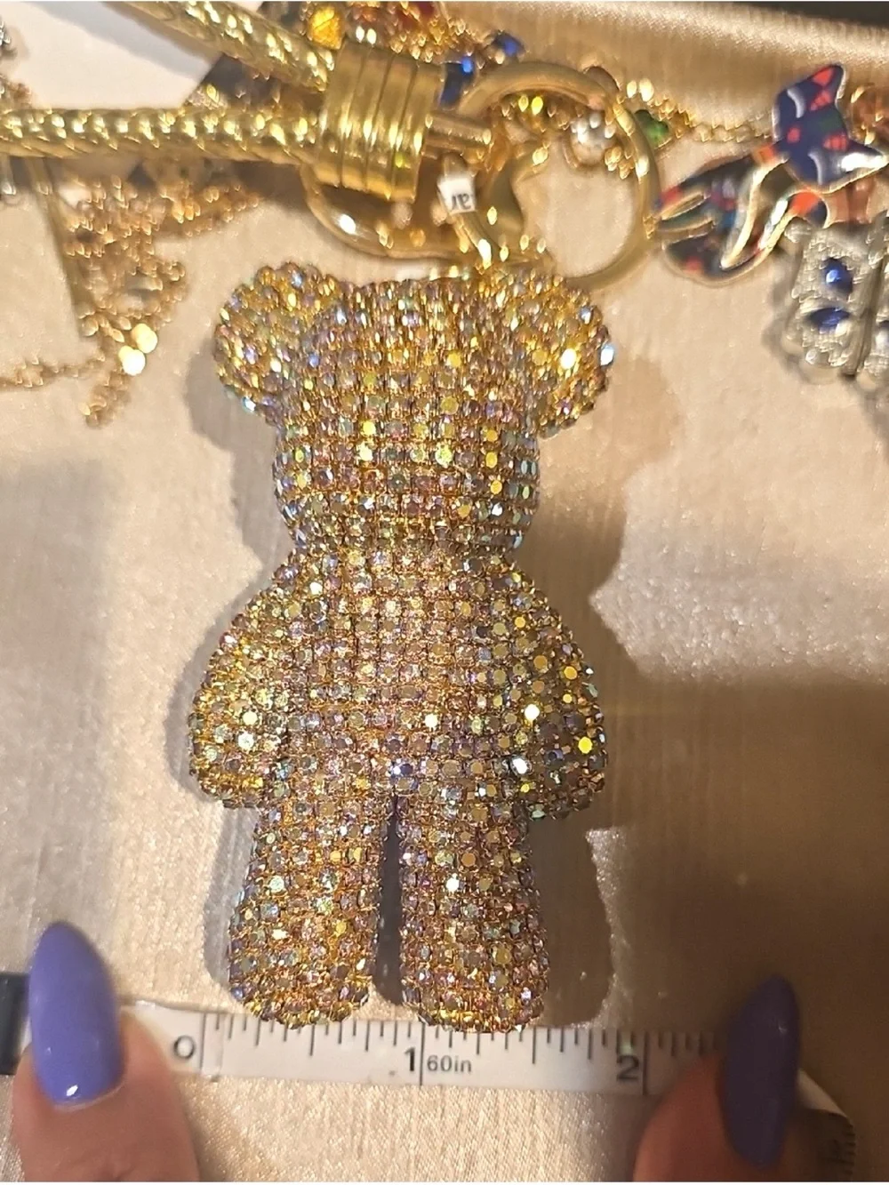 Natasha Couture Gold Multicolor Crystal Teddy Bear Keychain bag charm new